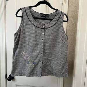Erika Black White Gingham Plaid Check Floral Embroidered Sleeveless Top Size L